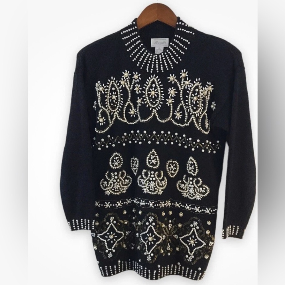 VTG Margules Sweater sz M Black Heavily Beaded Pearl Front Mock Neck Grandmacore